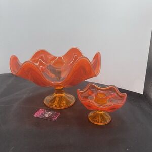2Viking 6 Petal Compote Orange 6.25" H  9.5" AcrossPedestal Amberina+glows Candl